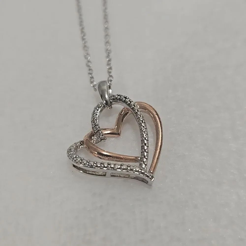 Sterling Silver and Rose Gold Heart Pendant With Diamond Necklace